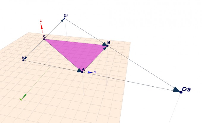 Triangel förstoras till ett parallellogram (tre möjliga fall)