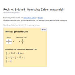 Rechner: Brüche in Gemischte Zahlen umwandeln