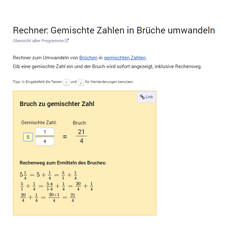 Rechner: Gemischte Zahlen in Brüche umwandeln